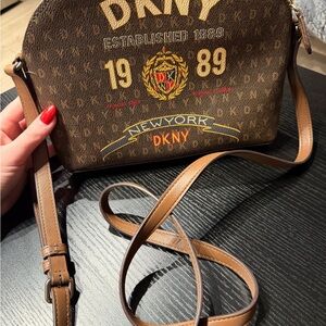 DKNY Logo Print Brown Crossbody Bag